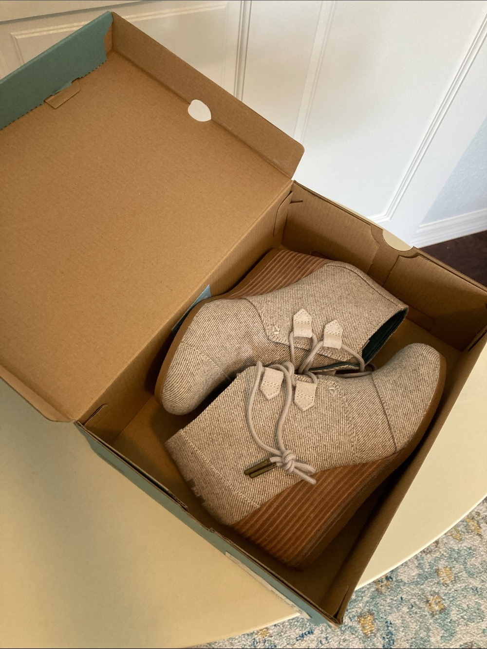 Women’s Toms KALA Natural Shimmer Twill Wedge Ankle Boots - Lace-Up NIB